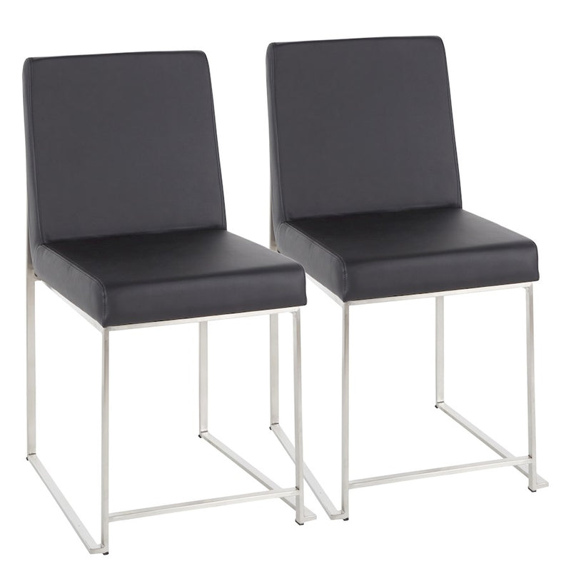 LumiSource Fuji High Back Dining Chair Set of 2 | Brushed Stainless Steel & Black PU Leather | Dining Room & Office Seating | Model DC-HBFUJISSBK2