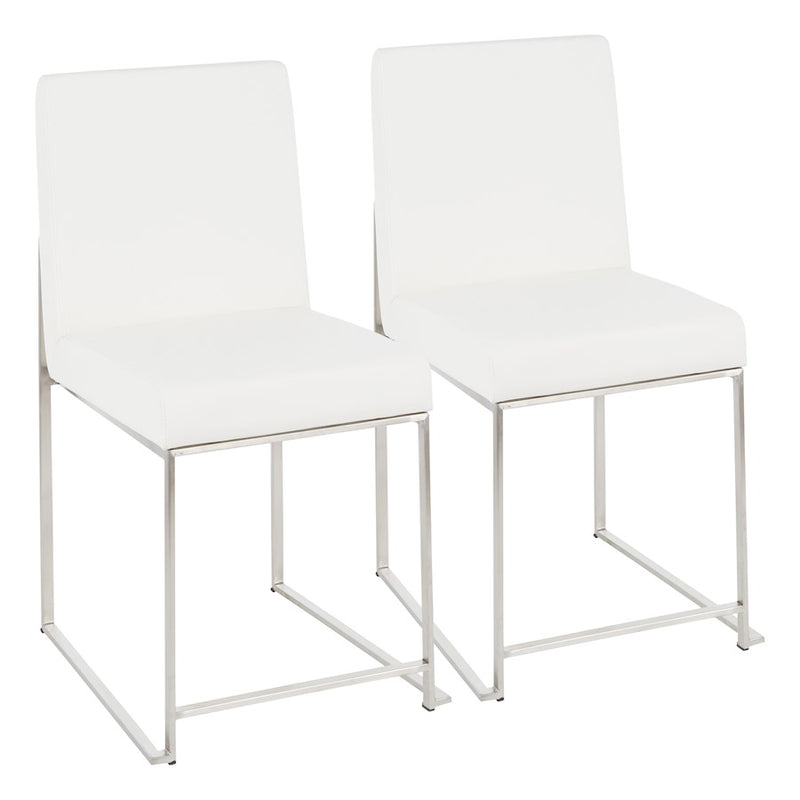 LumiSource Fuji High Back Dining Chair Set of 2 | Brushed Steel and White PU | Dining Room & Home Office Seating | Model DC-HBFUJISSW2