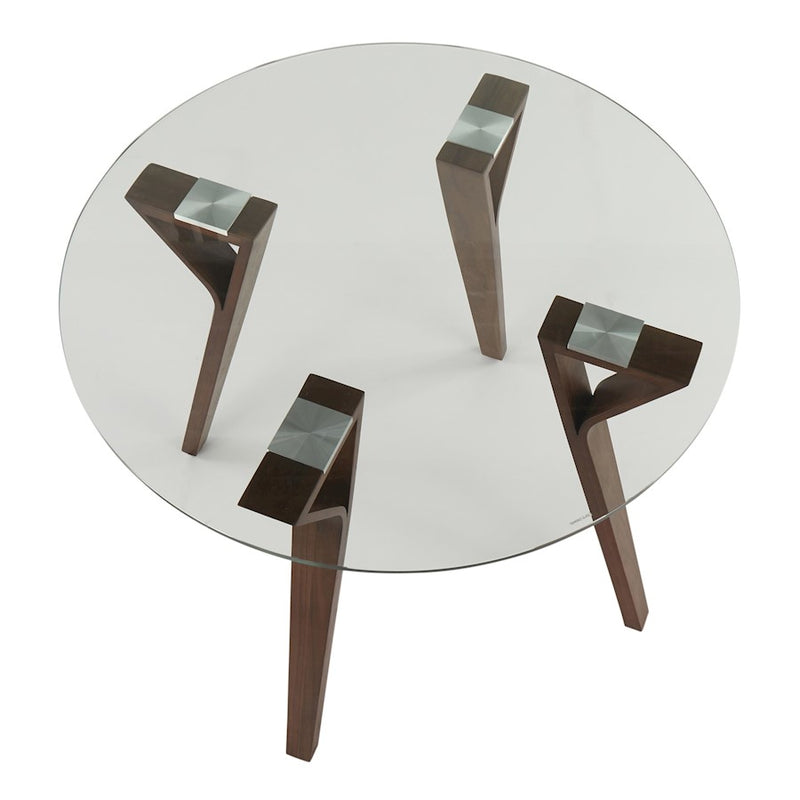 LumiSource Folia 35in Round Dining Table | Mid-Century Walnut Wood and Clear Glass | Kitchen & Dining Room | 35 x 35 x 30 in | Model DT-FOLIARNDWLCL