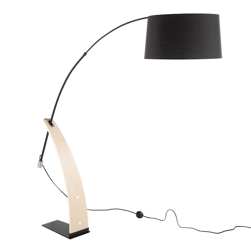 LumiSource Robyn 74in Arched Floor Lamp | Mid-Century Natural Wood and Black Metal with Black Linen Shade | Living Room | Model L-ROBYNFLNABK