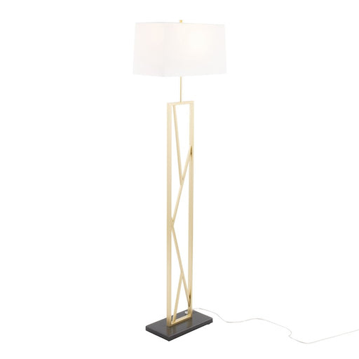 LumiSource Folia Floor Lamp, Gold Metal/White Linen/Black Marble