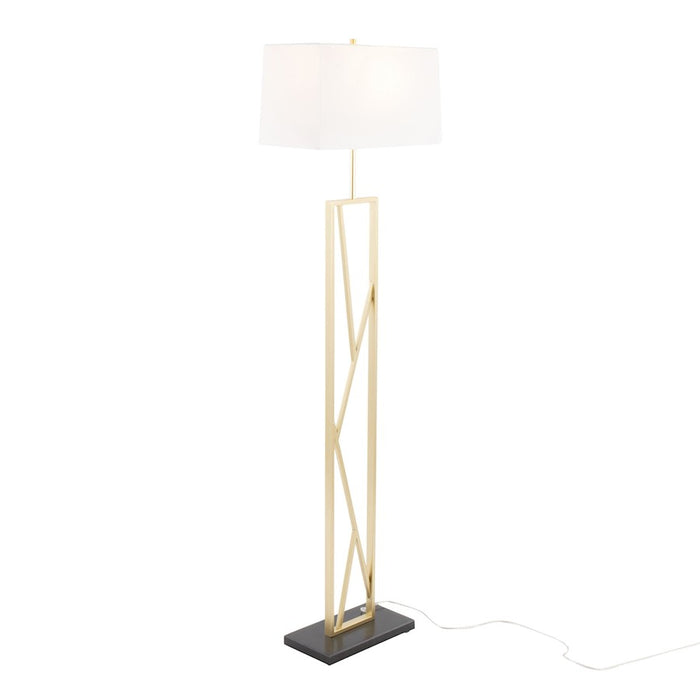 LumiSource Folia Floor Lamp, Gold Metal/White Linen/Black Marble