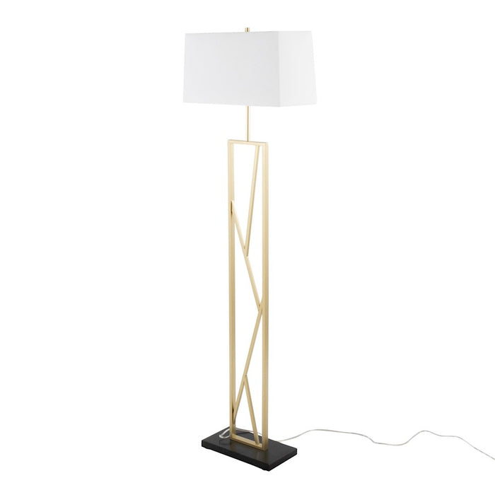LumiSource Folia Floor Lamp, Gold Metal/White Linen/Black Marble
