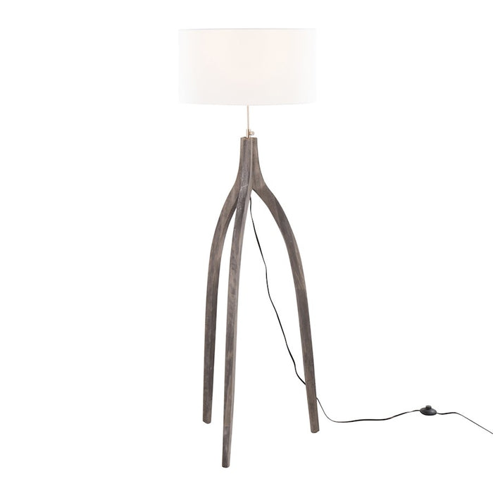 LumiSource Wishbone Floor Lamp, Grey Washed Wood/White Fabric
