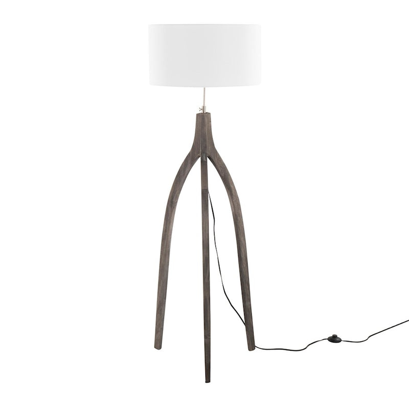 LumiSource Wishbone Floor Lamp, Grey Washed Wood/White Fabric