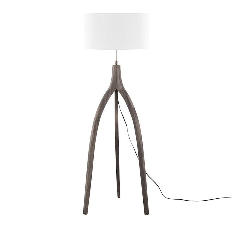 LumiSource Wishbone Floor Lamp, Grey Washed Wood/White Fabric