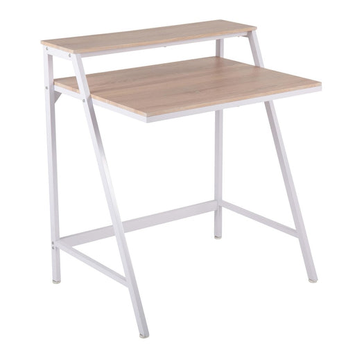 LumiSource 2-tier Office Desk in White Steel/Natural MDF - OFD-2TIERWNA