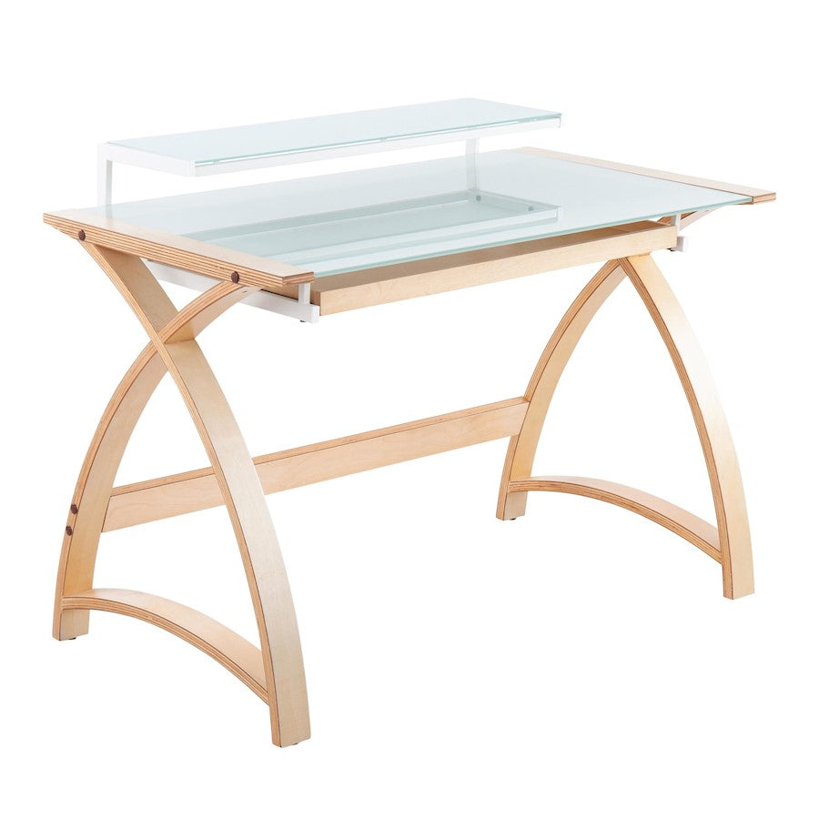 LumiSource Bentley Office Desk in Natural Wood/White Glass - OFD-BENTLEYNAW