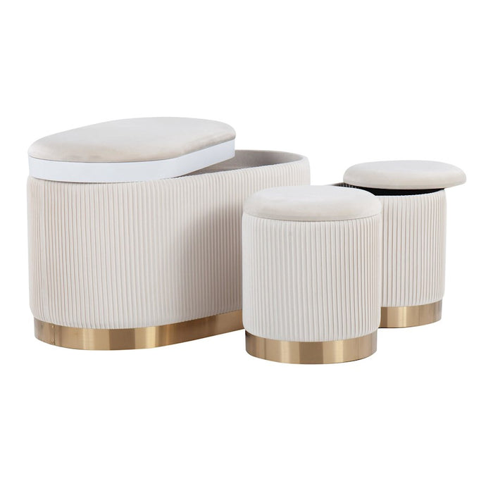 LumiSource Marla DLX Nesting Pleated Ottoman Set, Gold/Cream