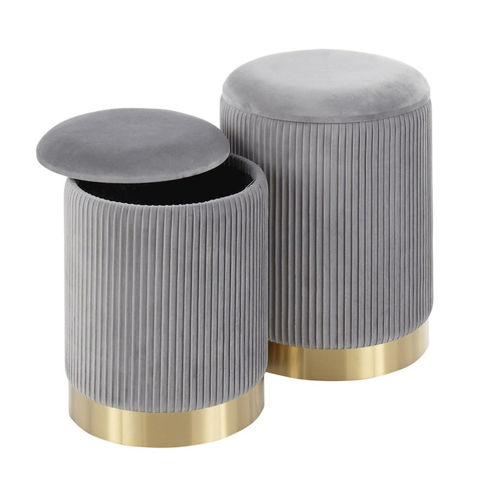 LumiSource Marla Nesting Pleated Ottoman Set, Gold/Grey Velvet