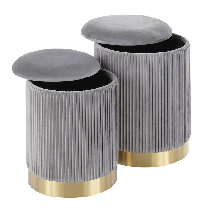 LumiSource Marla Nesting Pleated Ottoman Set, Gold/Grey Velvet