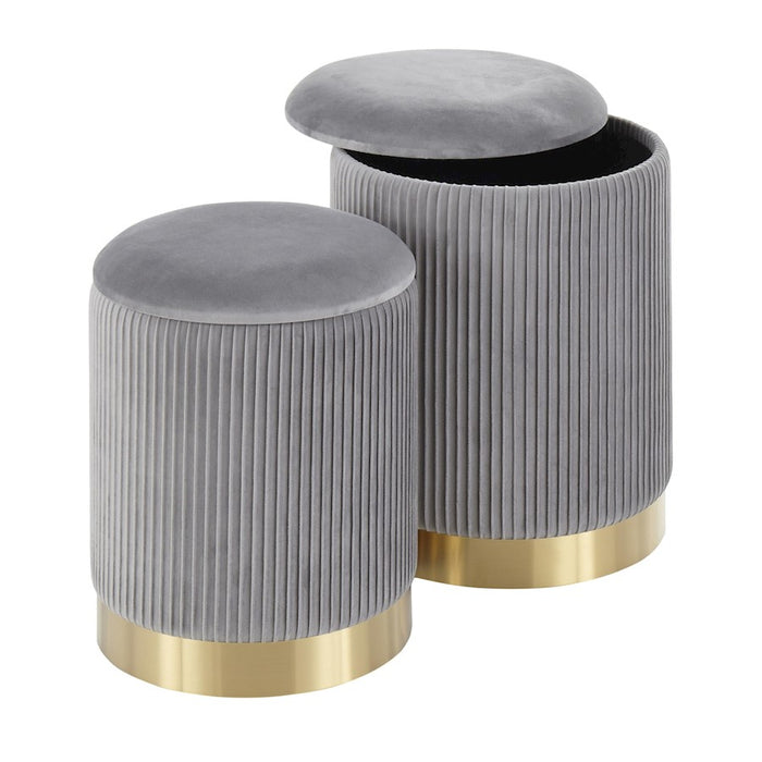 LumiSource Marla Nesting Pleated Ottoman Set, Gold/Grey Velvet