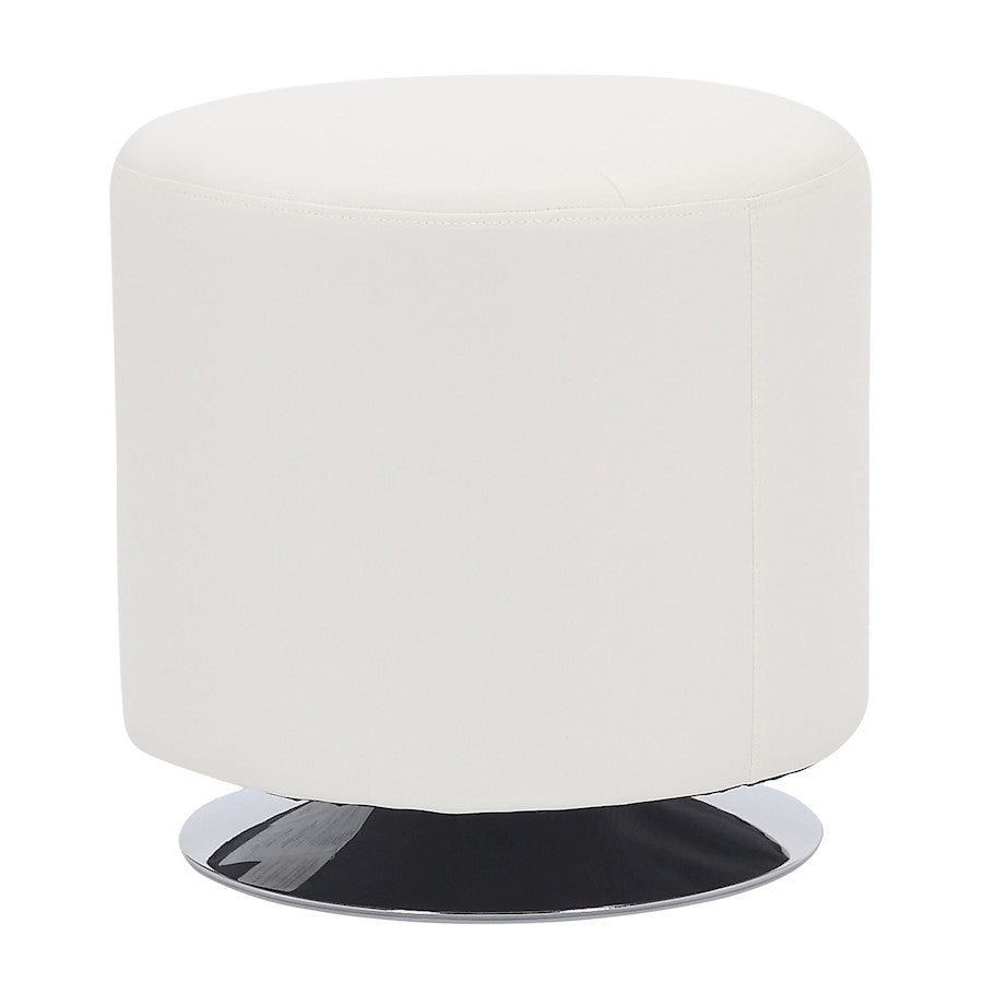 LumiSource Mason Round Swivel 17" Ottoman, Chrome Metal/White PU - OT-RNDSWVL17W