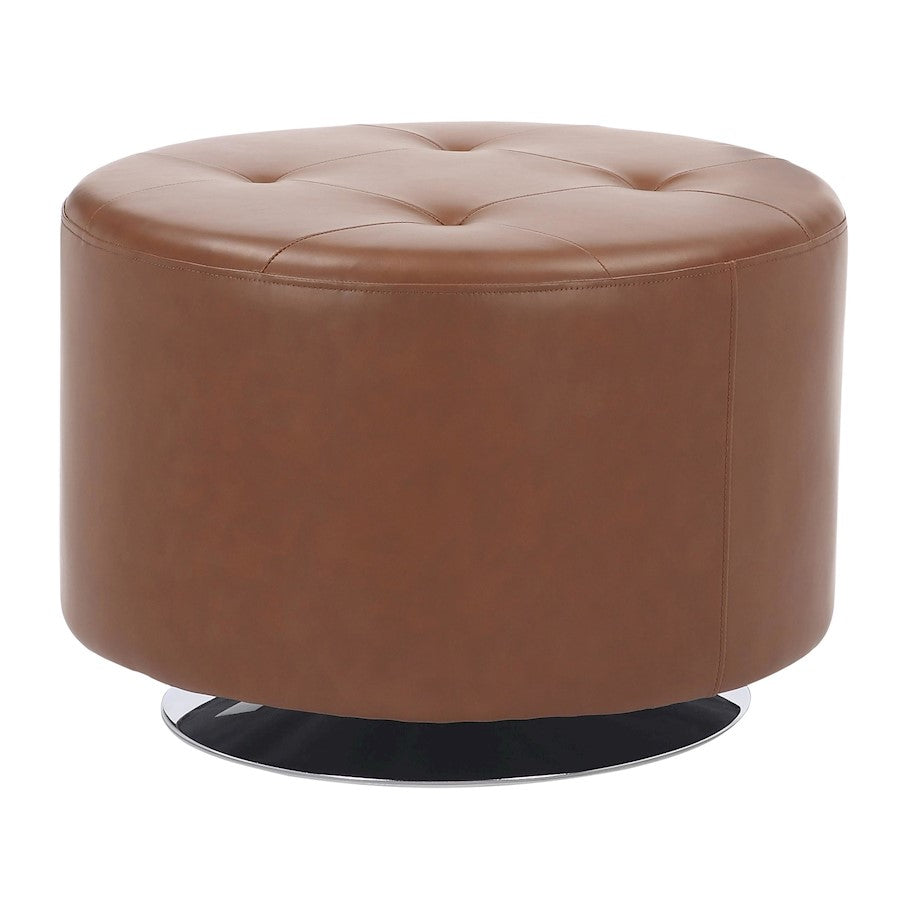 LumiSource Mason Round Swivel 26" Ottoman, Chrome/Camel PU - OT-RNDSWVL26CAM