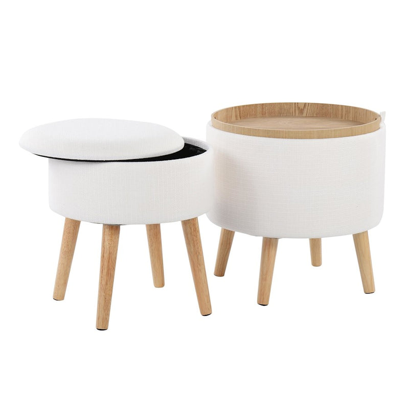 LumiSource Tray Storage Ottoman Set, Natural Wood/Cream Fabric
