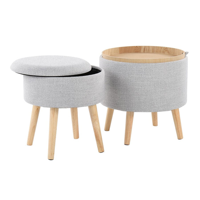 LumiSource Tray Storage Ottoman Set, Natural Wood/Light Grey