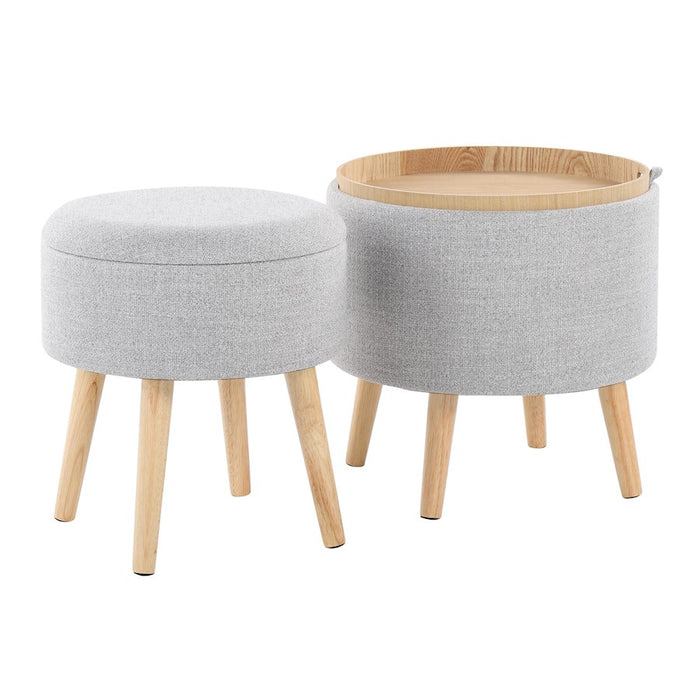LumiSource Tray Storage Ottoman Set, Natural Wood/Light Grey