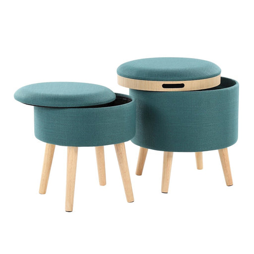 LumiSource Tray Storage Ottoman Set, Natural Wood/Teal Fabric