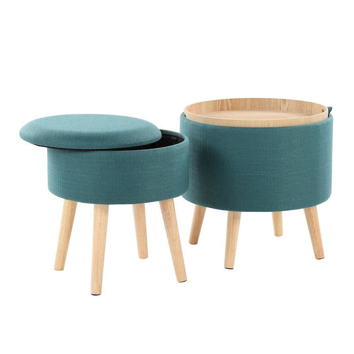 LumiSource Tray Storage Ottoman Set, Natural Wood/Teal Fabric