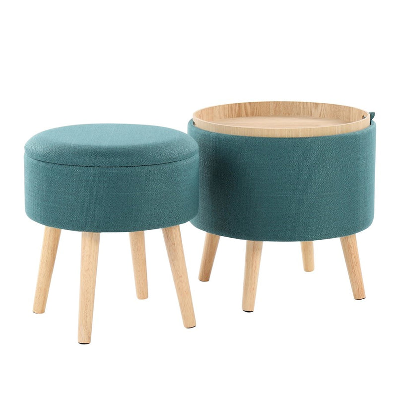 LumiSource Tray Storage Ottoman Set, Natural Wood/Teal Fabric