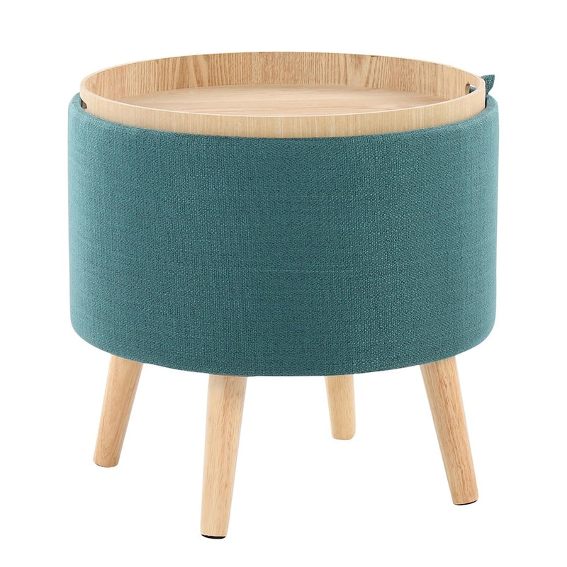 LumiSource Tray Storage Ottoman Set, Natural Wood/Teal Fabric