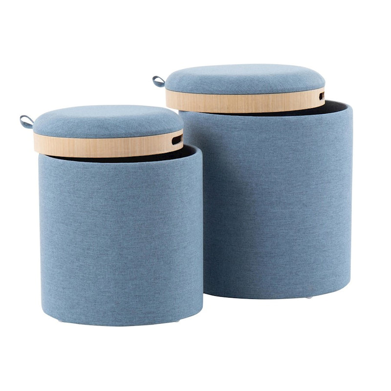 LumiSource Tray Nesting Ottoman Set | Blue Fabric & Natural Wood | Living Room & Bedroom Seating & Storage | 17.5in H | Model OT-TRAYNESTBUNA