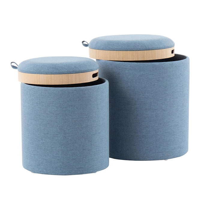 LumiSource Tray Nesting Ottoman Set, Blue Fabric/Natural Wood