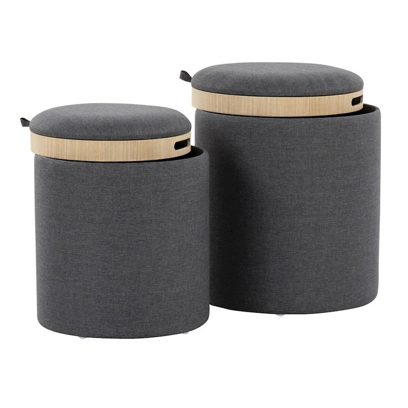 LumiSource Tray Nesting Ottoman Set, Charcoal/Natural Wood