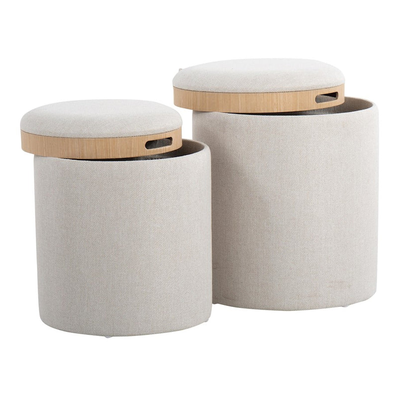 LumiSource Tray Nesting Ottoman Set, Cream Fabric/Natural Wood