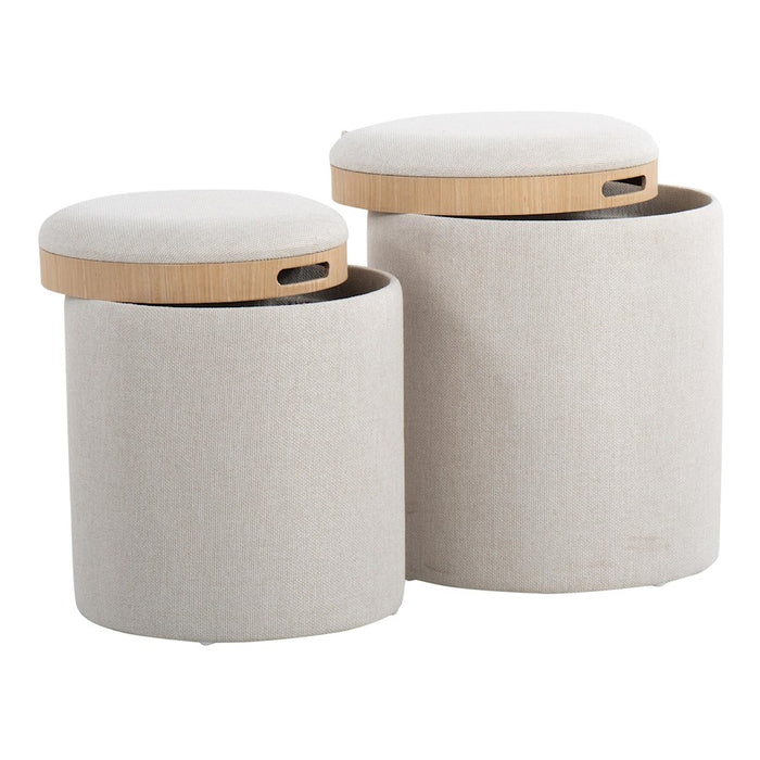LumiSource Tray Nesting Ottoman Set, Cream Fabric/Natural Wood