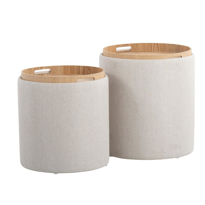 LumiSource Tray Nesting Ottoman Set, Cream Fabric/Natural Wood