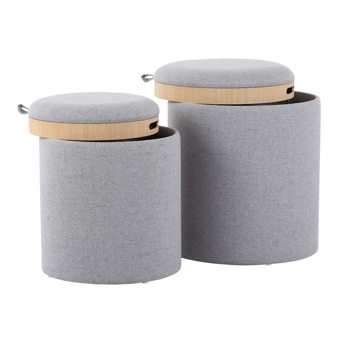 LumiSource Tray Nesting Ottoman Set, Grey Fabric/Natural Wood