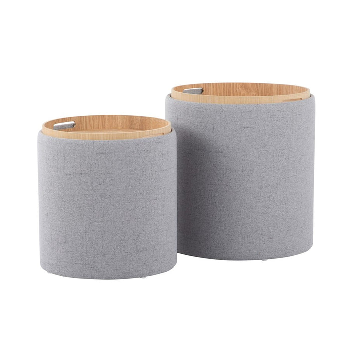 LumiSource Tray Nesting Ottoman Set, Grey Fabric/Natural Wood