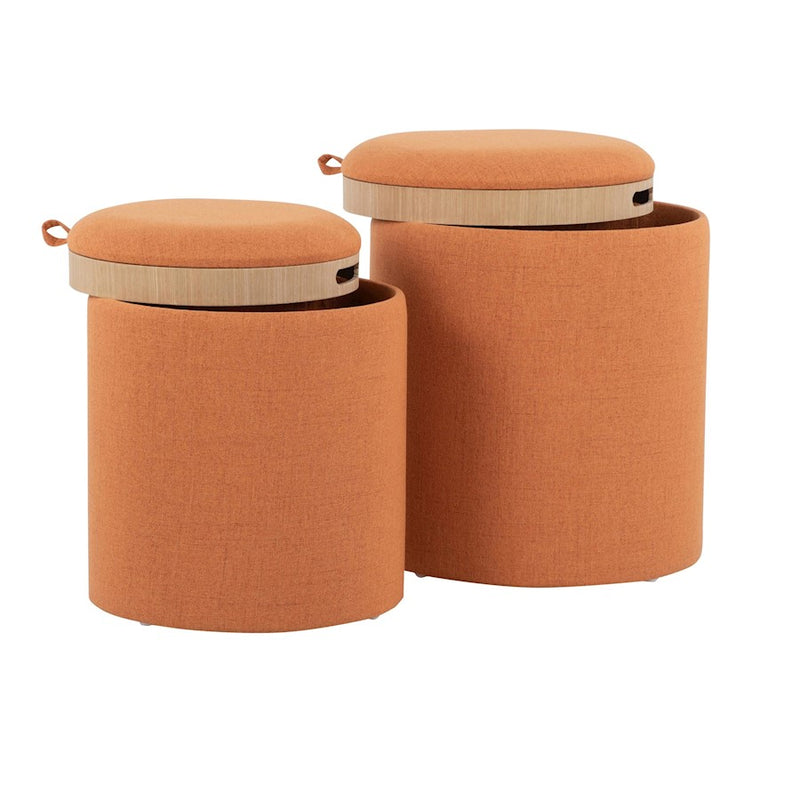 LumiSource Tray Nesting Ottoman Set, Orange Fabric/Natural Wood