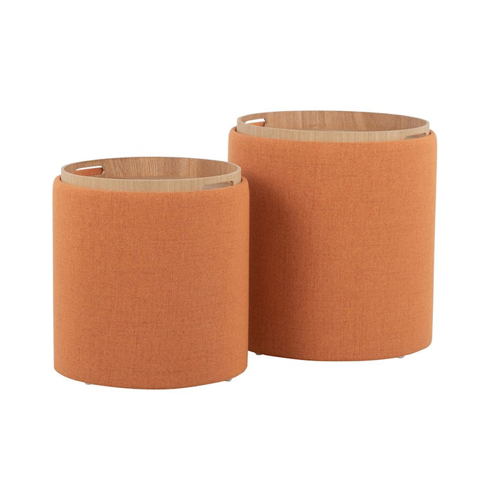 LumiSource Tray Nesting Ottoman Set, Orange Fabric/Natural Wood