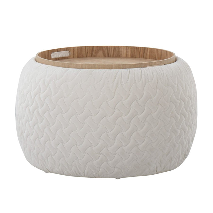 LumiSource Tray Pouf in Cream Velvet/Natural Wood