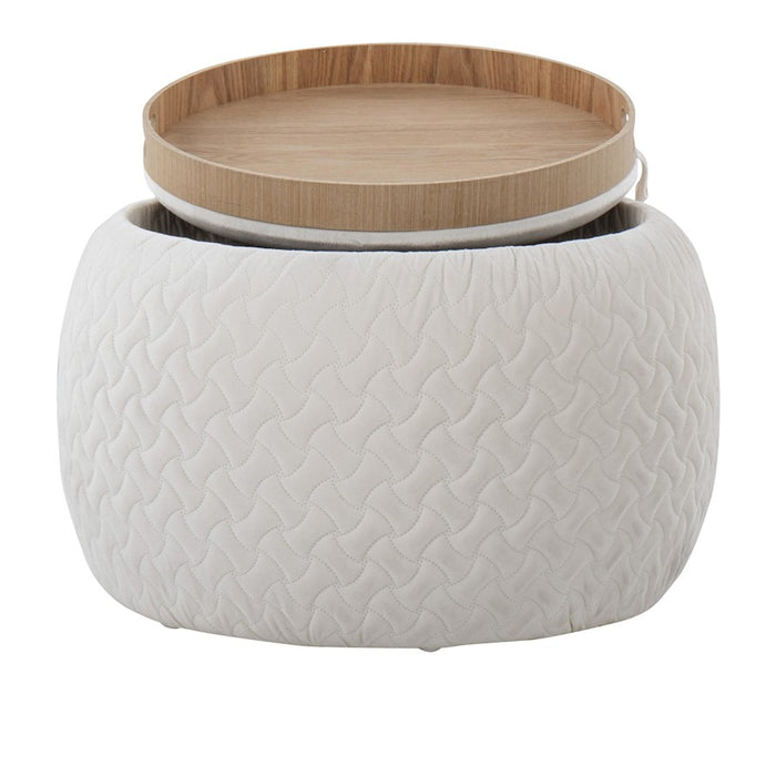 LumiSource Tray Pouf in Cream Velvet/Natural Wood