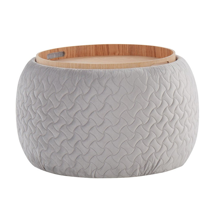 LumiSource Tray Pouf in Silver Velvet/Natural Wood