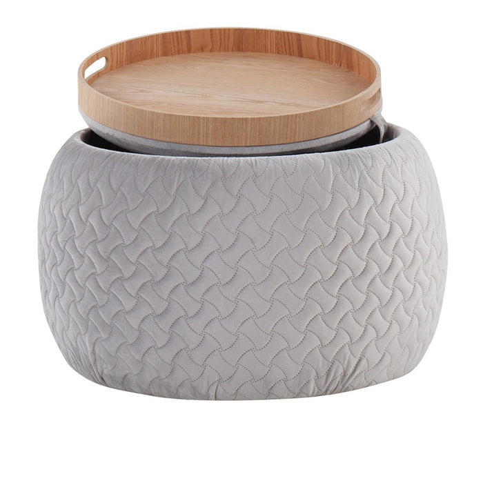 LumiSource Tray Pouf in Silver Velvet/Natural Wood