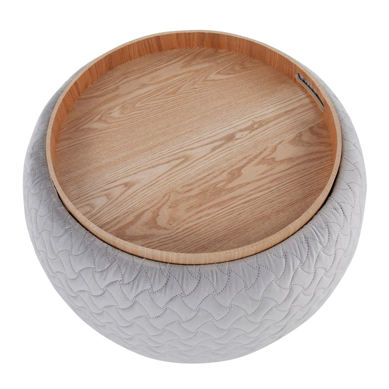 LumiSource Tray Pouf in Silver Velvet/Natural Wood