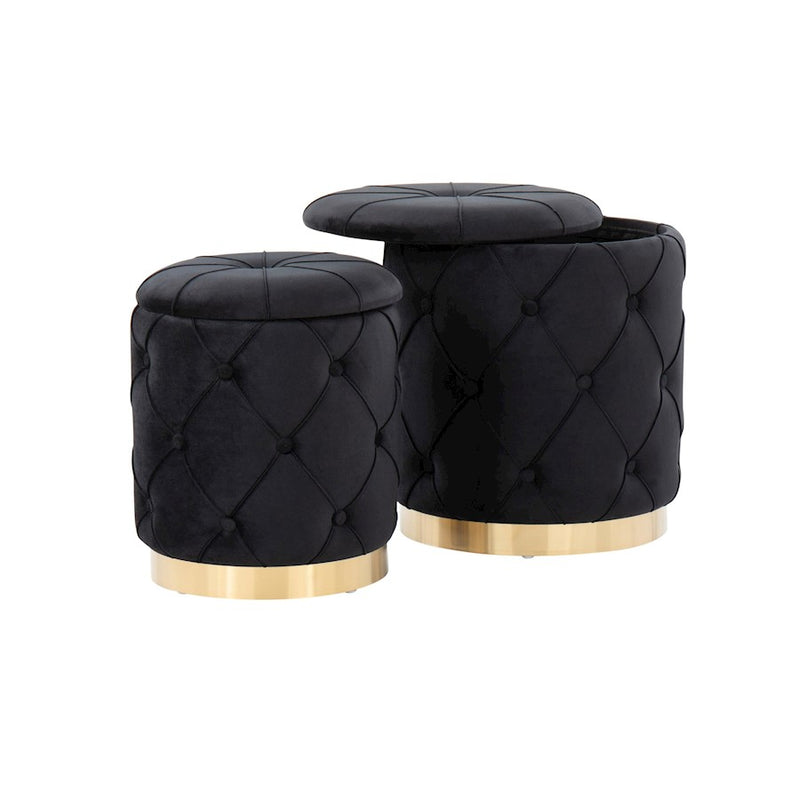 LumiSource Marche Nesting Ottoman Set, Gold Metal/Black Velvet