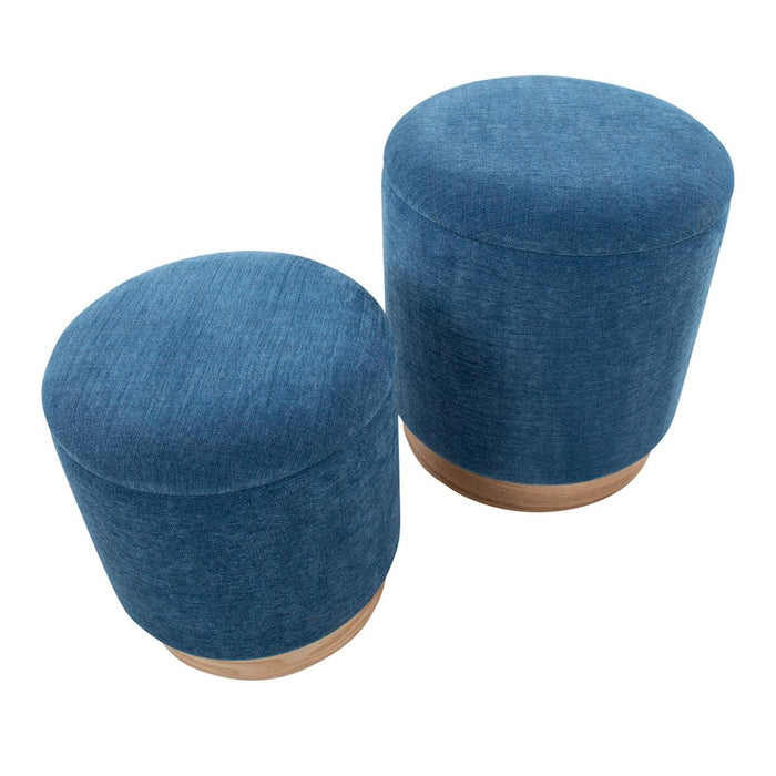 LumiSource Marla Nesting Ottoman Set, Natural Wood/Blue Fabric