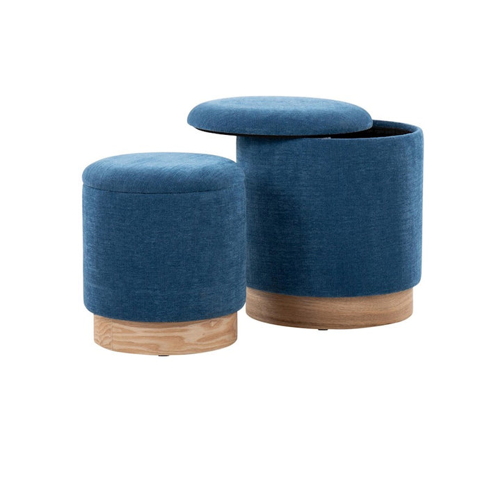 LumiSource Marla Nesting Ottoman Set, Natural Wood/Blue Fabric