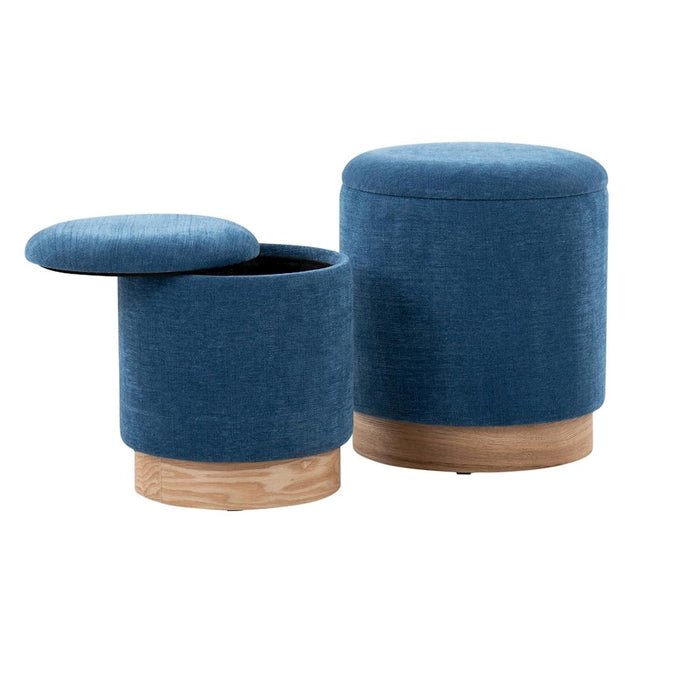 LumiSource Marla Nesting Ottoman Set, Natural Wood/Blue Fabric
