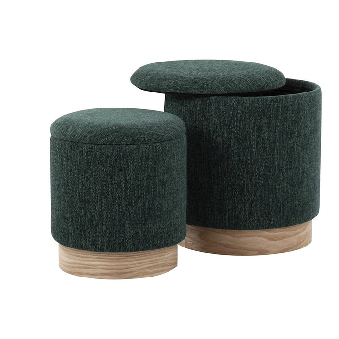 LumiSource Marla Nesting Ottoman Set, Natural Wood/Green Fabric
