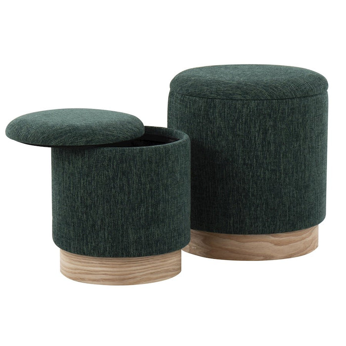 LumiSource Marla Nesting Ottoman Set, Natural Wood/Green Fabric
