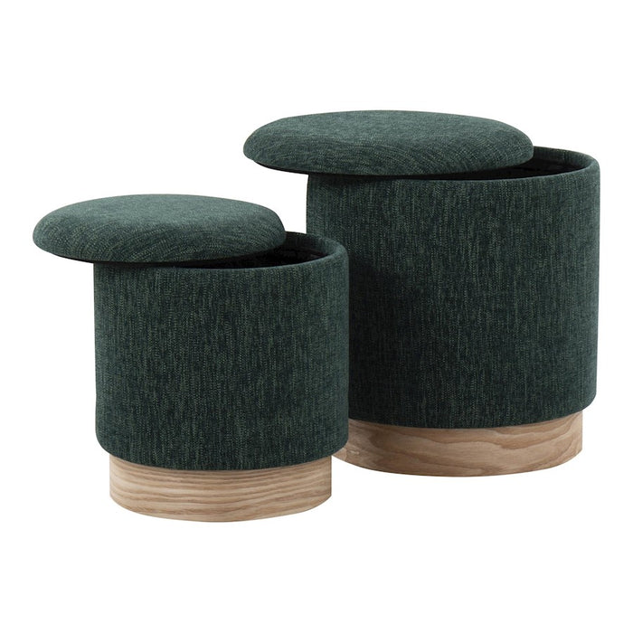 LumiSource Marla Nesting Ottoman Set, Natural Wood/Green Fabric