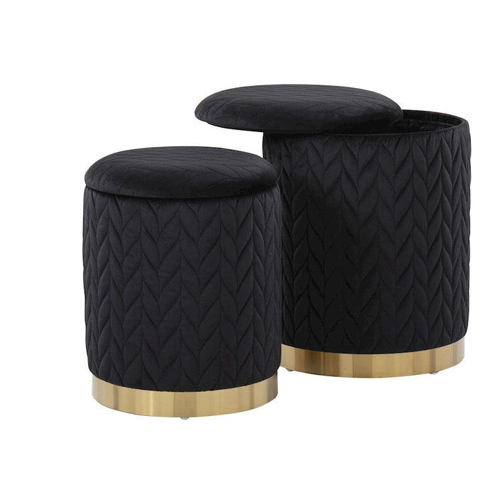 LumiSource Marla Quilted Ottoman Set, Gold/Black Velvet