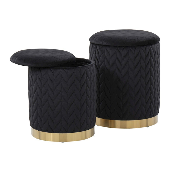 LumiSource Marla Quilted Ottoman Set, Gold/Black Velvet