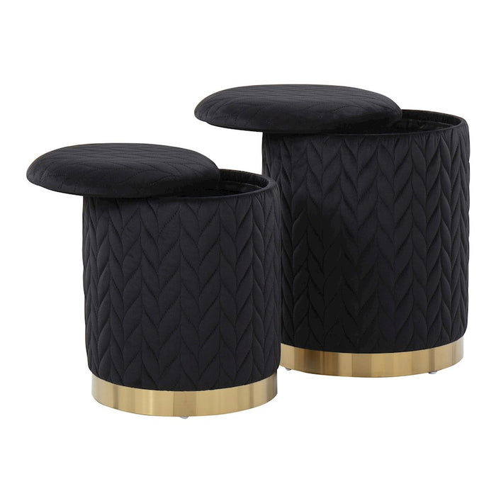 LumiSource Marla Quilted Ottoman Set, Gold/Black Velvet